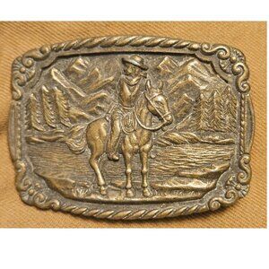 Vintage 1970s Western Cowboy on Horse Clamp Style Metal Belt Buckle